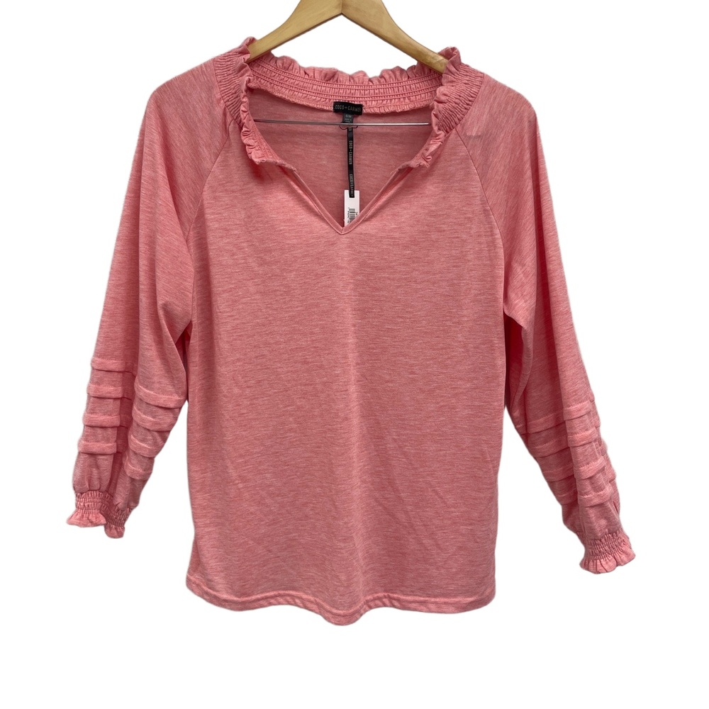 NWT COCO+CARMEN Pink Coral‎ Peasant BoHo V-Neck Long Sleeve Blouse
